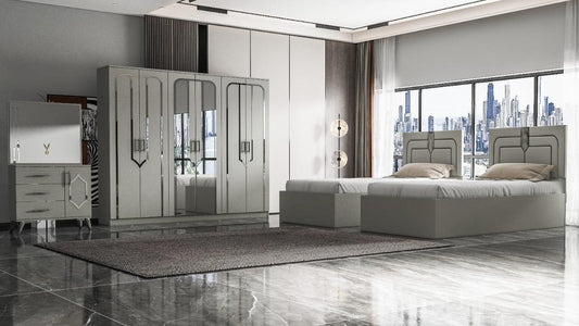 CHAMBRE A COUCHER 2LITS JUMEAUX 6BATTANTS 4PIECES GRIS CLAIR EMA TWIN