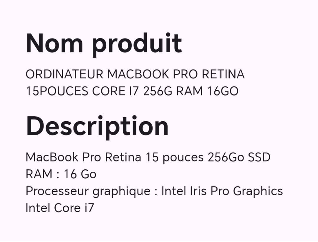 ORDINATEUR MACBOOK PRO RETINA 15POUCES CORE I7 256G RAM 16GO