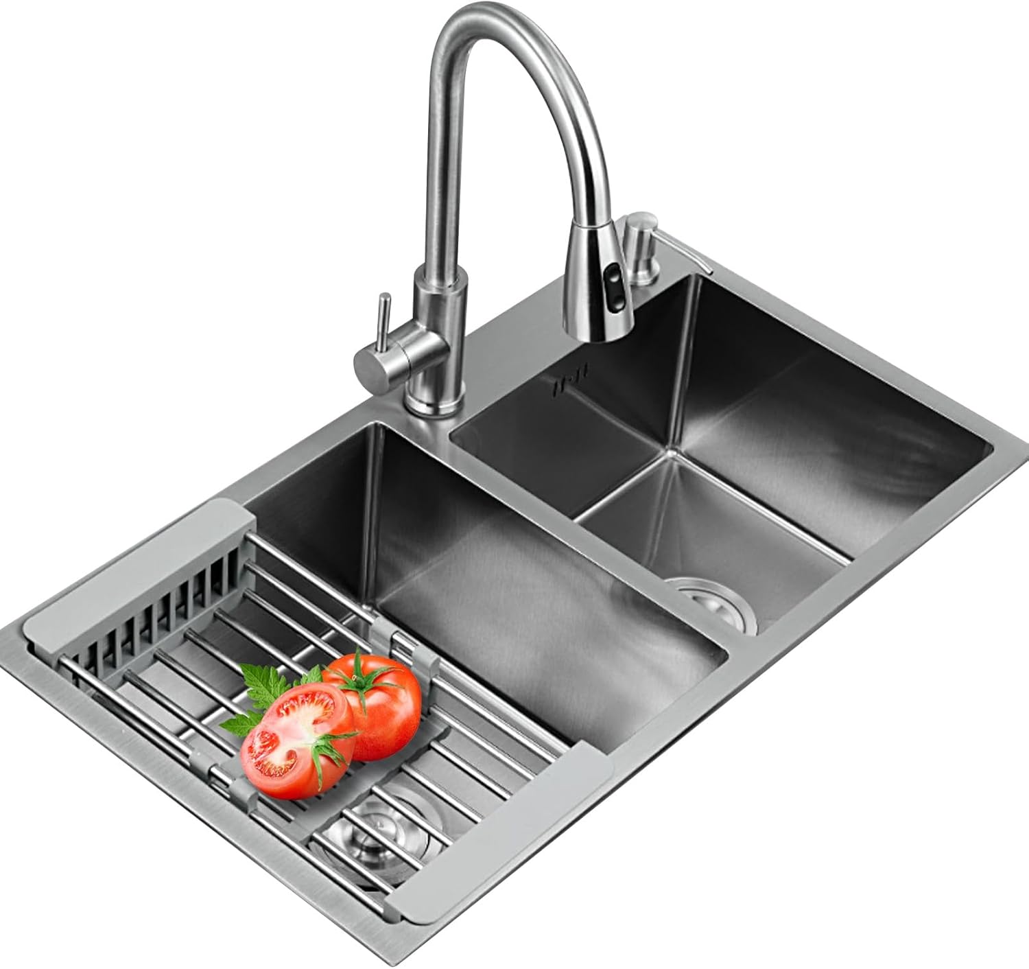 Évier de cuisine double en acier inoxydable avec égouttoir, à encastrer, dimensions : 78 x 43 (Gris)