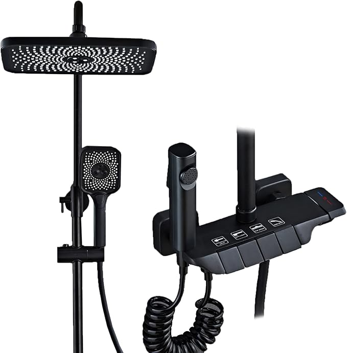 Pommeau de douche Noir effet pluie avec douchette à main, pommeau de douche haute pression de 30 cm avec bouton de commande à 4 fonctions, douchette à main à 3 jets avec support et flexible, pommeau de douche cascade anti-fuite