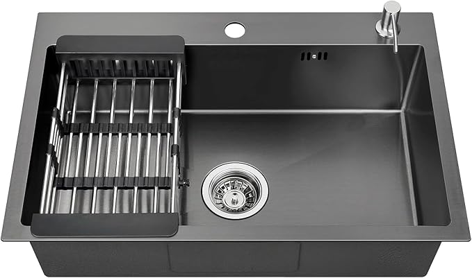 Évier de cuisine à une cuve en acier inoxydable avec égouttoir, à encastrer, dimensions : 60 x 45 (Noir)