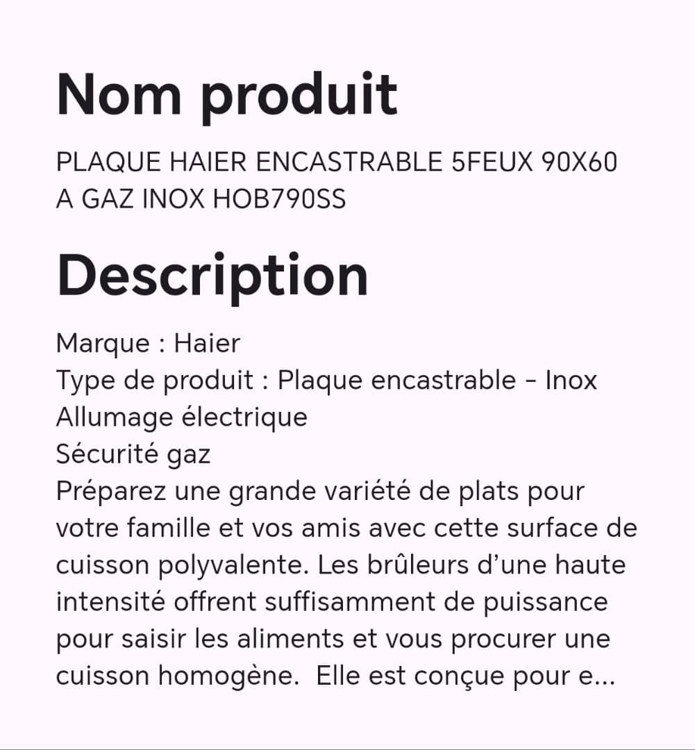 PLAQUE HAIER ENCASTRABLE 5FEUX 90X60 A GAZ INOX HOB790SS
