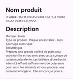 PLAQUE HAIER ENCASTRABLE 5FEUX 90X60 A GAZ INOX HOB790SS