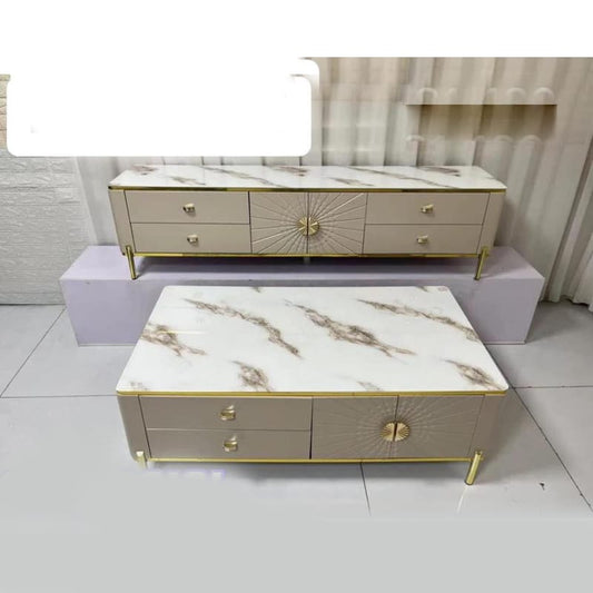 TABLE TELEVISEUR BEIGE BLANC MARBRE 200X40X46 66-20 + TABLE BASSE 130X70 66-13