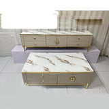 TABLE TELEVISEUR BEIGE BLANC MARBRE 200X40X46 66-20 + TABLE BASSE 130X70 66-13