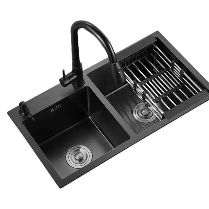 Évier de cuisine double en acier inoxydable avec égouttoir, à encastrer, dimensions : 78 x 43 (Noir)
