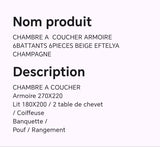 CHAMBRE A COUCHER ARMOIR 6BATTANTS 6PIECES BEIGE EFTELYA CHAMPAGNE