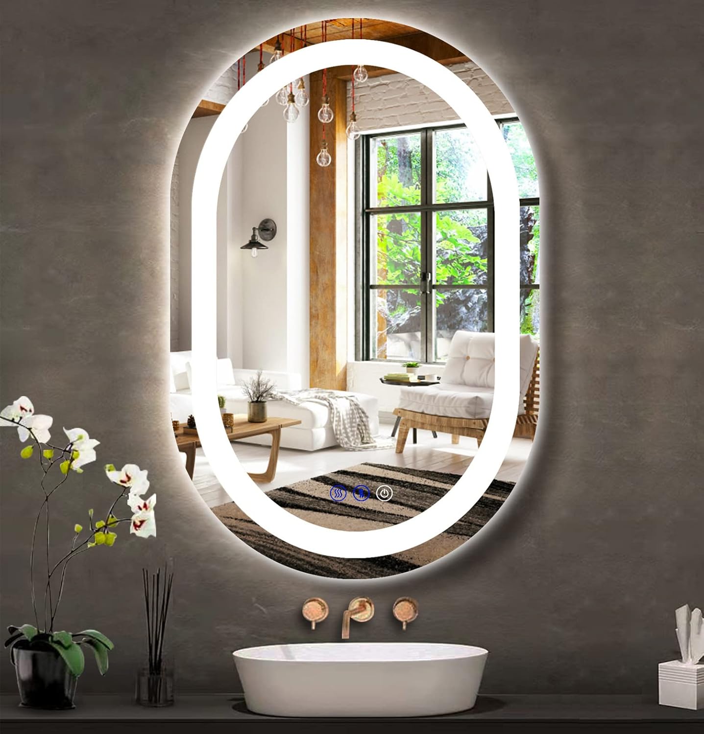 Miroir de salle de bain ovale à LED de 80 x 50 cm avec éclairage frontal, mémoire intelligente, 3 couleurs de luminosité réglable, antibuée. Miroir de courtoisie ovale lumineux de 80 cm pour salle de bain, fixation murale horizontale ou verticale.
