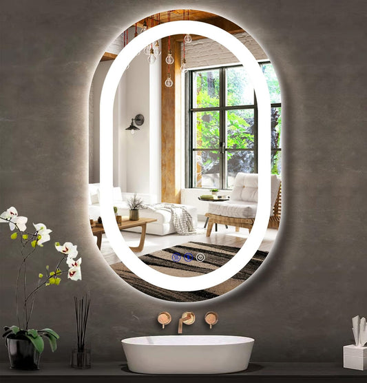 Miroir de salle de bain ovale à LED de 80 x 50 cm avec éclairage frontal, mémoire intelligente, 3 couleurs de luminosité réglable, antibuée. Miroir de courtoisie ovale lumineux de 80 cm pour salle de bain, fixation murale horizontale ou verticale.