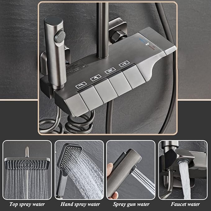 Pommeau de douche Noir effet pluie avec douchette à main, pommeau de douche haute pression de 30 cm avec bouton de commande à 4 fonctions, douchette à main à 3 jets avec support et flexible, pommeau de douche cascade anti-fuite