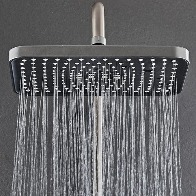 Pommeau de douche Noir effet pluie avec douchette à main, pommeau de douche haute pression de 30 cm avec bouton de commande à 4 fonctions, douchette à main à 3 jets avec support et flexible, pommeau de douche cascade anti-fuite