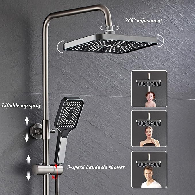 Pommeau de douche Noir effet pluie avec douchette à main, pommeau de douche haute pression de 30 cm avec bouton de commande à 4 fonctions, douchette à main à 3 jets avec support et flexible, pommeau de douche cascade anti-fuite