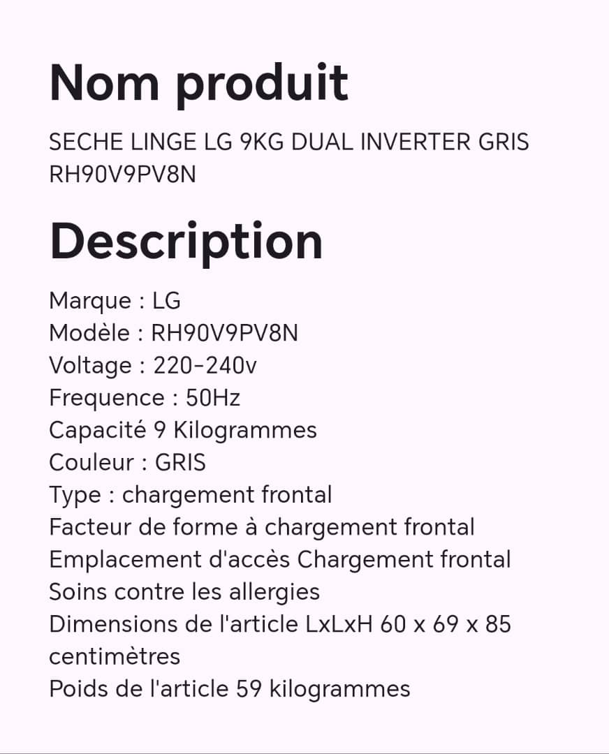 SECHE LINGE LG 9KG DUAL INVERTER GRIS RH90V9PV8N