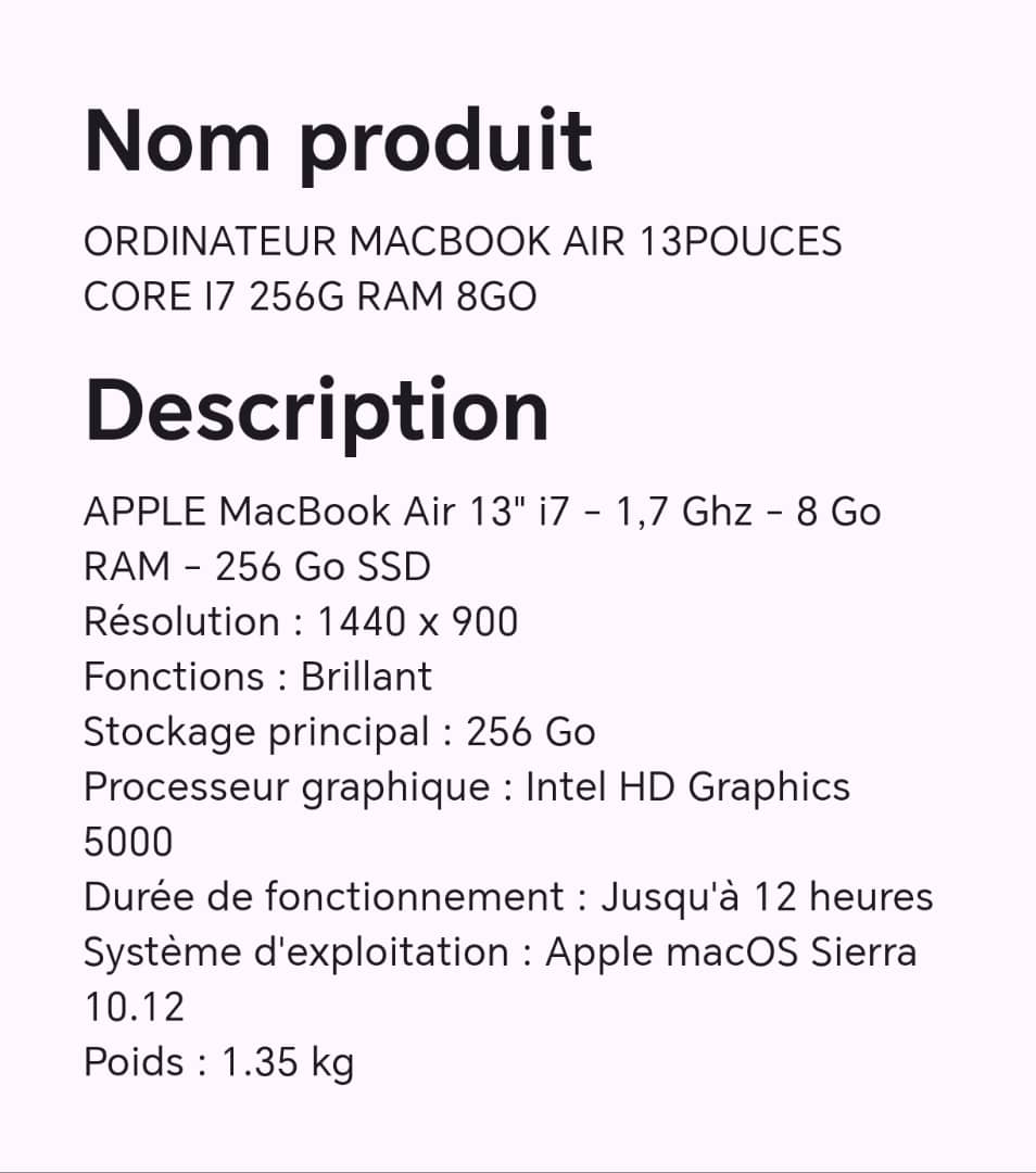 ORDINATEUR MACBOOK AIR 13POUCES CORE I7 256G RAM 8GO