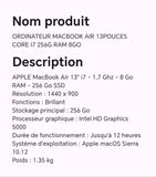 ORDINATEUR MACBOOK AIR 13POUCES CORE I7 256G RAM 8GO