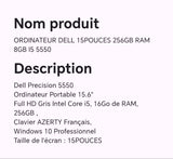 ORDINATEUR DELL 15POUCES 256GB RAM 8GB I5 5550