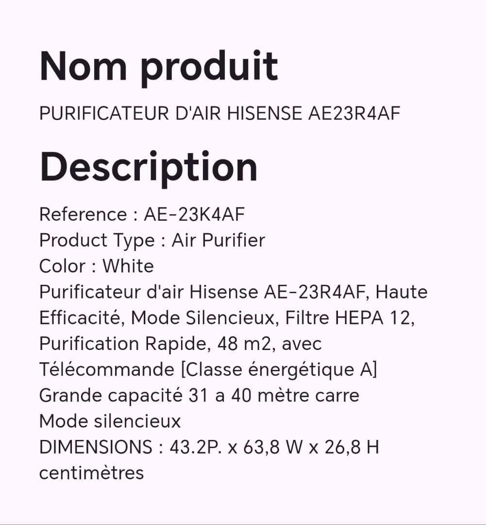 PURIFICATEUR D'AIR HISENSE AE23R4AF