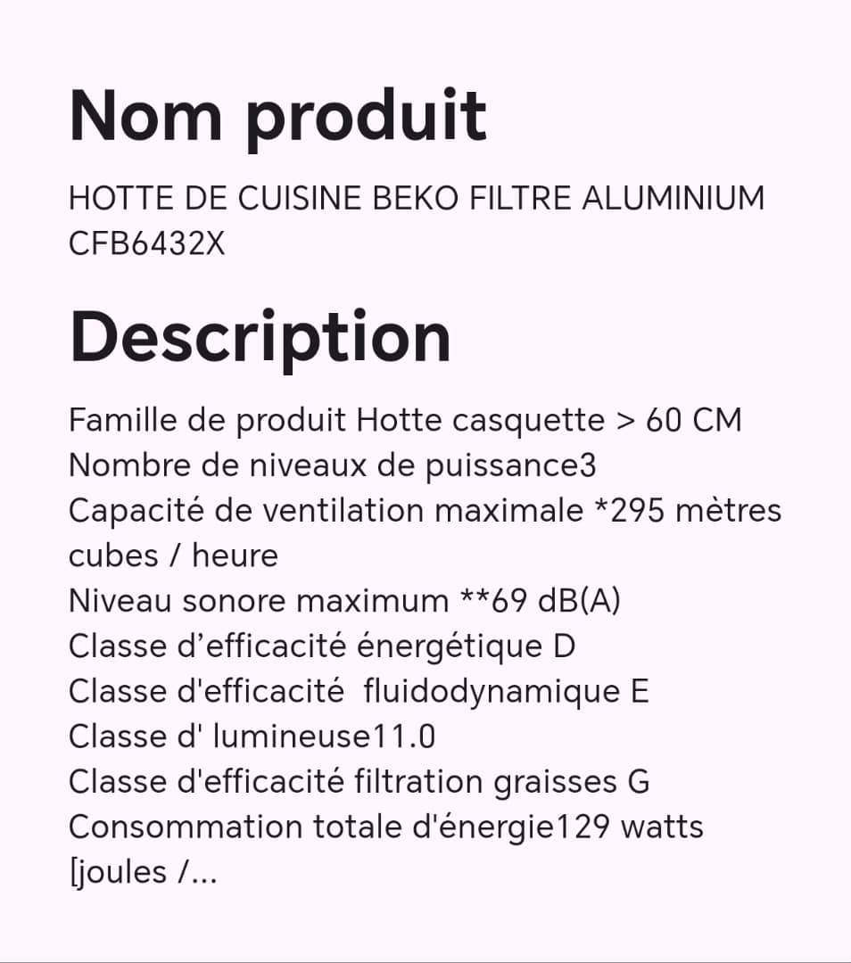 HOTTE DE CUISINE BEKO FILTRE ALUMINIUM CFB6432X