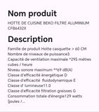 HOTTE DE CUISINE BEKO FILTRE ALUMINIUM CFB6432X