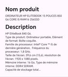 ORDINATEUR HP ELITEBOOK 15 POUCES 850 G6 CORE I5 RAM16 256SSD