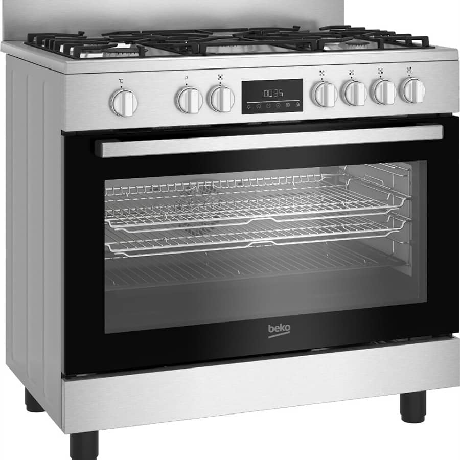 Cuisinière Beko 5feux 90X60 à gaz full option ventilo+ four électrique inox BGM11226EX