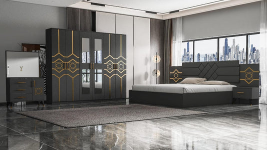 CHAMBRE A COUCHER 6BATTANTS 4PIECES GRIS DORE CHANNEL