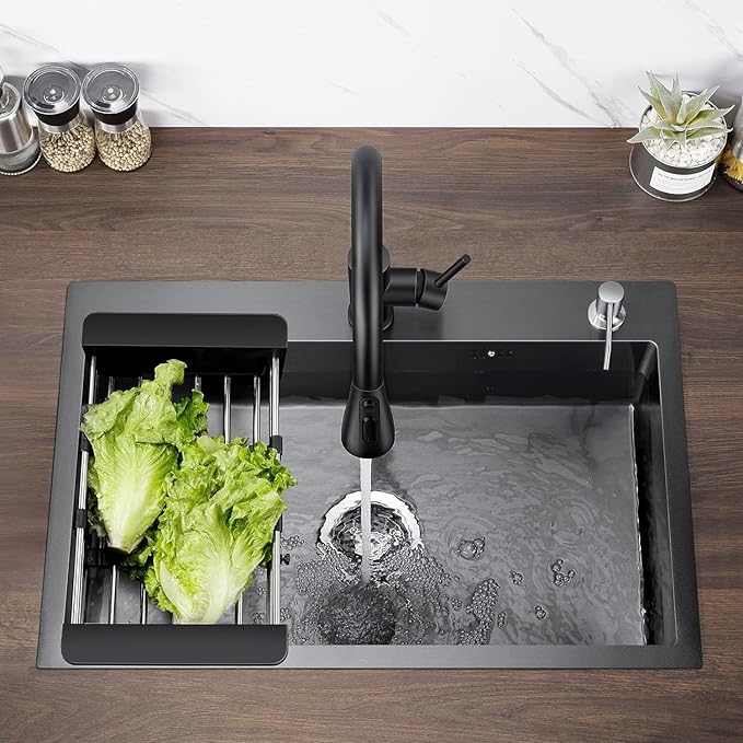 Évier de cuisine à une cuve en acier inoxydable avec égouttoir, à encastrer, dimensions : 60 x 45 (Noir)