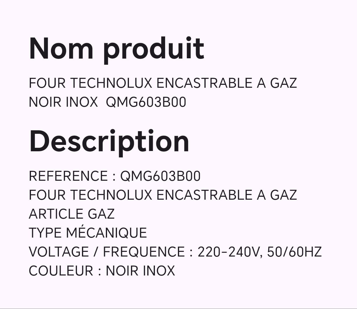 FOUR TECHNOLUX ENCASTRABLE A GAZ NOIR INOX QMG603B00