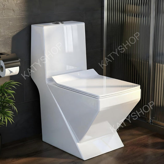 Chaise anglaise  WC monobloc en céramique sans bride, style occidental, avec abattant à fermeture amortie et siphon en S- Blanc