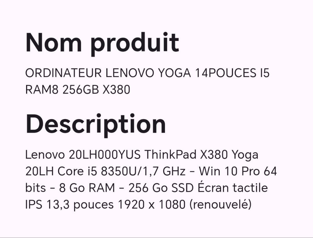 ORDINATEUR LENOVO YOGA 14POUCES I5 RAM8 256GB X380