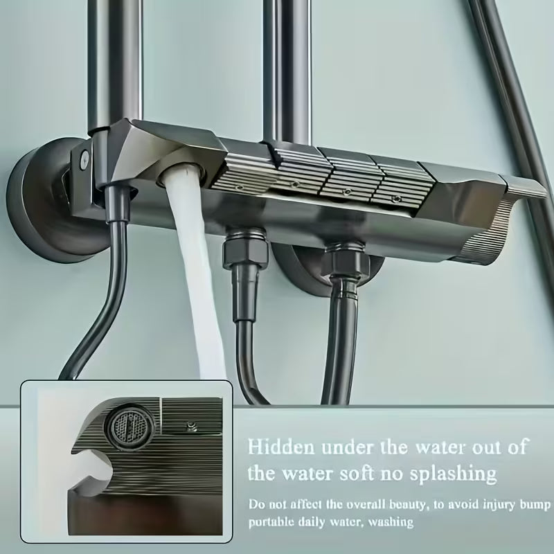 Pommeau de douche Gris effet pluie avec douchette à main, pommeau de douche haute pression de 30 cm avec bouton de commande à 4 fonctions, douchette à main à 3 jets avec support et flexible, pommeau de douche cascade anti-fuite