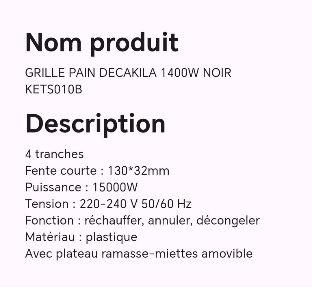 GRILLE PAIN DECAKILA 1400W NOIR KETS010B