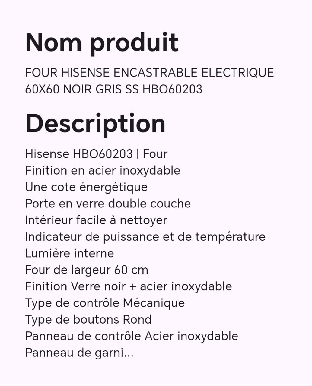 FOUR HISENSE ENCASTRABLE ELECTRIQUE 60X60 NOIR GRIS SS HBO60203