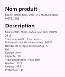 MICRO ONDE BEKO 23LITRES MANUEL NOIR MGF2310B