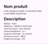 LAVE VAISSELLE HAIER 15 COUVERTS GRIS CLAIR HBWE15366SS1QA
