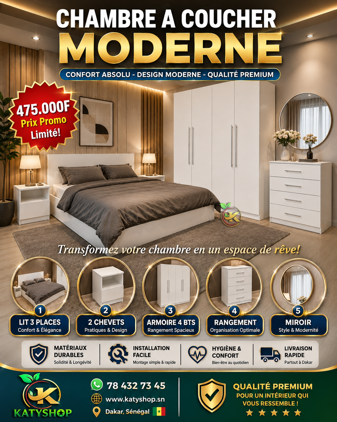 Chambre A Coucher 4 battants 5 pieces - Blanc