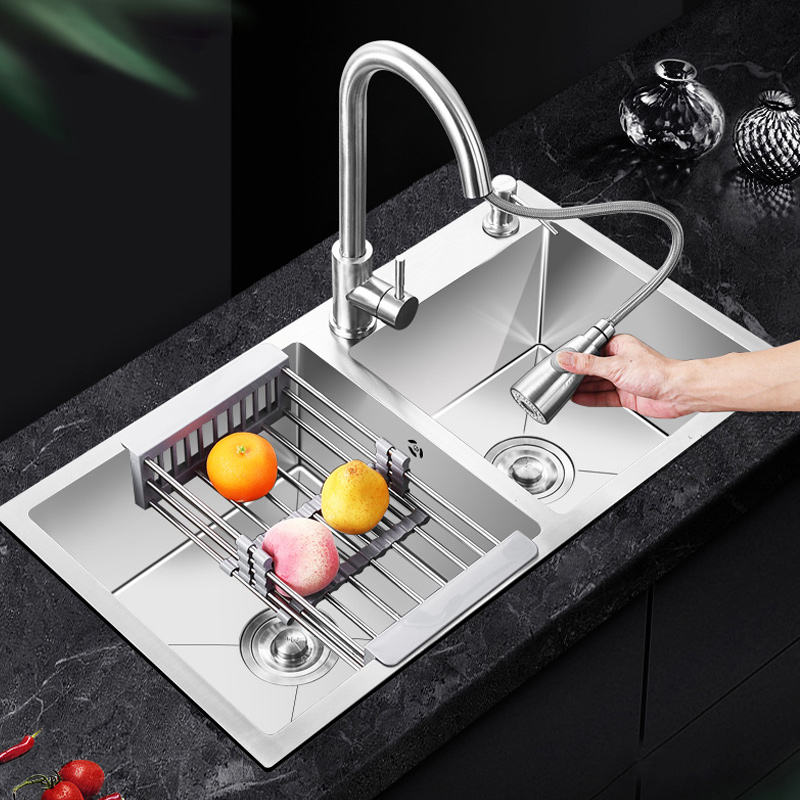 Évier de cuisine double en acier inoxydable avec égouttoir, à encastrer, dimensions : 78 x 43 (Gris)