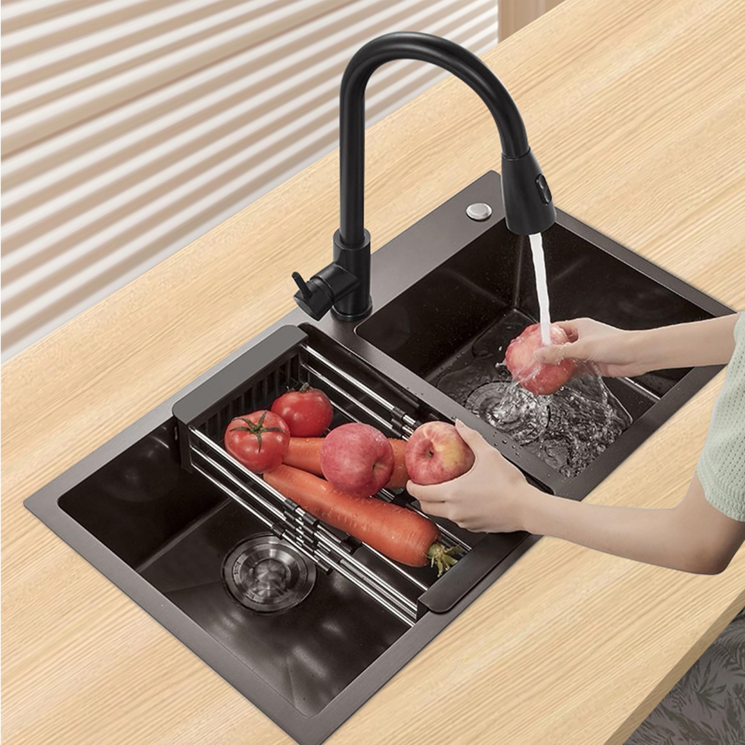 Évier de cuisine double en acier inoxydable avec égouttoir, à encastrer, dimensions : 78 x 43 (Noir)