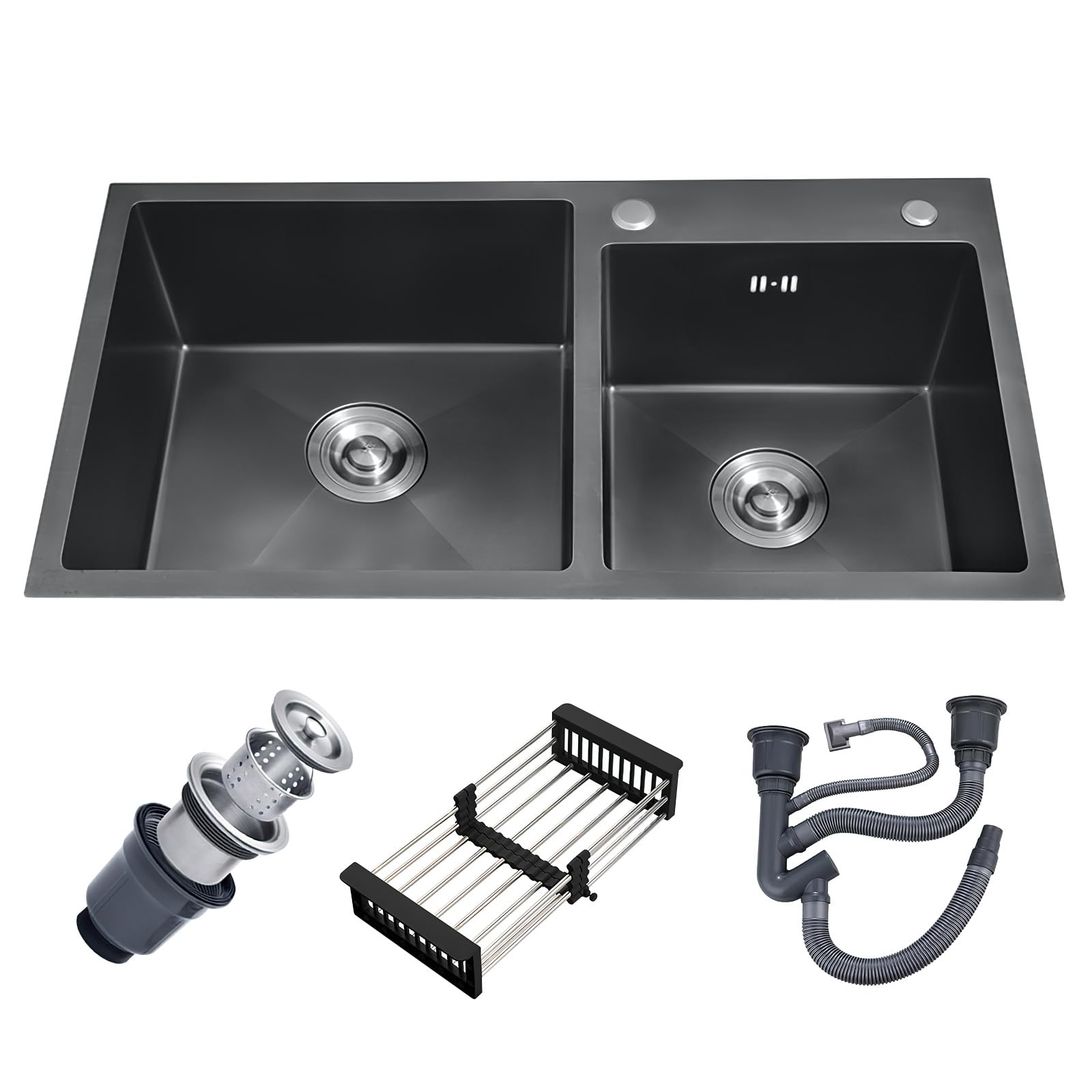 Évier de cuisine double en acier inoxydable avec égouttoir, à encastrer, dimensions : 78 x 43 (Noir)