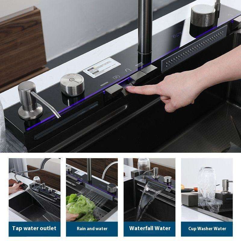 Évier de cuisine multifonction à cascade, Evier intelligent moderne avec affichage numérique en acier inoxydable avec accessoires