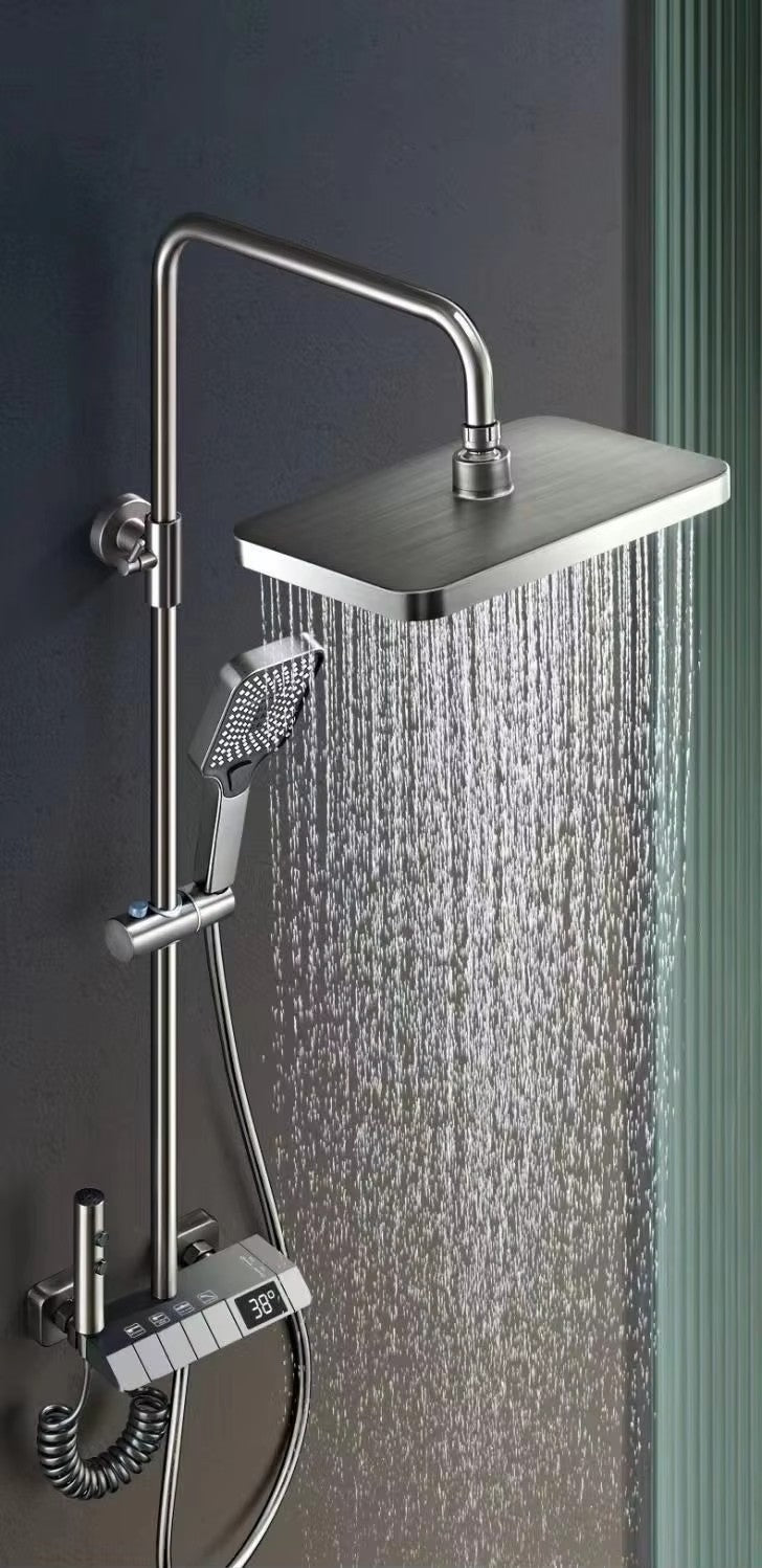 Colonne de douche Gris avec robinetterie murale à affichage numérique LED, mitigeur effet pluie, ensemble de douche 4 jets avec pommeau de douche effet pluie de 30 cm, douchette à main 3 jets et bidet intégré.