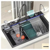 Évier de cuisine multifonction à cascade, Evier intelligent moderne avec affichage numérique en acier inoxydable avec accessoires