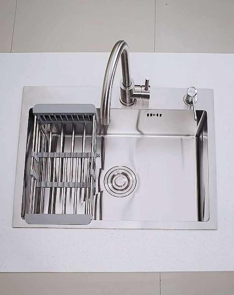 Évier de cuisine à une cuve en acier inoxydable avec égouttoir, à encastrer, dimensions : 60x45