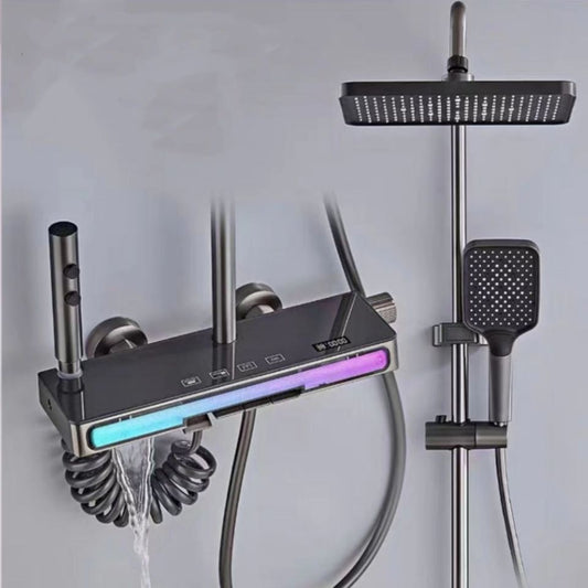 Colonne de douche complet, ensemble de douche 4 fonctions, robinetterie de douche, commandes élégantes à boutons piano, matériau aluminium aéronautique, colonne de douche réglable de 70 à 133 cm.