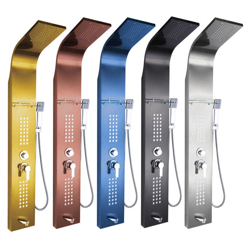 Colonne de douche en acier inoxydable multifonctions avec bec de douche effet pluie, jets de massage, bec de baignoire et douchette.