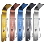 Colonne de douche en acier inoxydable multifonctions avec bec de douche effet pluie, jets de massage, bec de baignoire et douchette.