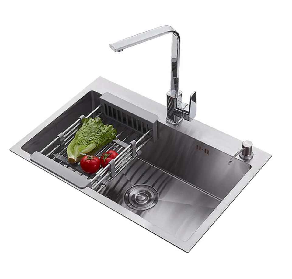 Évier de cuisine à une cuve en acier inoxydable avec égouttoir, à encastrer, dimensions : 60x45