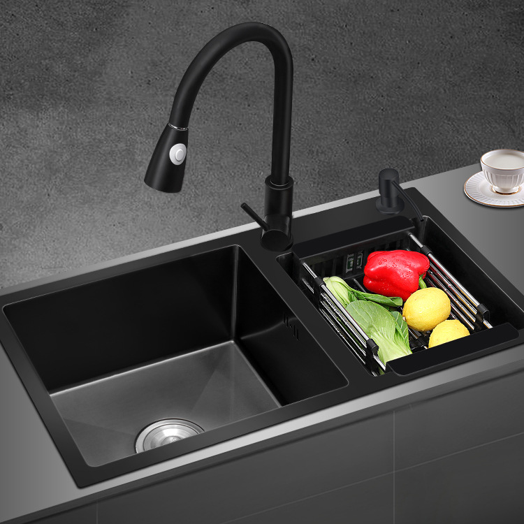 Évier de cuisine double en acier inoxydable avec égouttoir, à encastrer, dimensions : 78 x 43 (Noir)