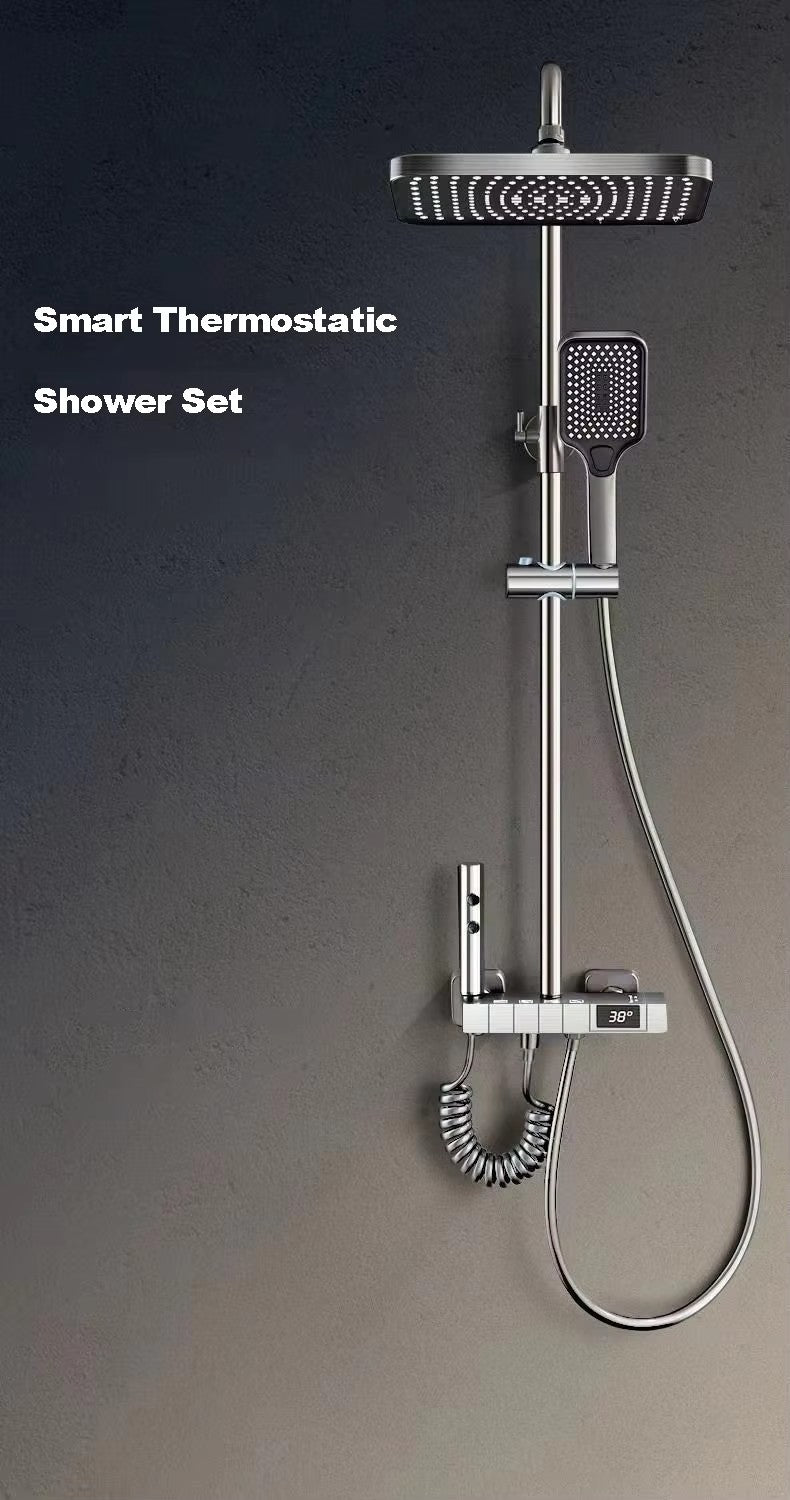 Colonne de douche Gris avec robinetterie murale à affichage numérique LED, mitigeur effet pluie, ensemble de douche 4 jets avec pommeau de douche effet pluie de 30 cm, douchette à main 3 jets et bidet intégré.