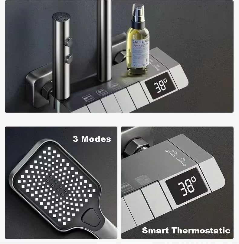 Colonne de douche Gris avec robinetterie murale à affichage numérique LED, mitigeur effet pluie, ensemble de douche 4 jets avec pommeau de douche effet pluie de 30 cm, douchette à main 3 jets et bidet intégré.